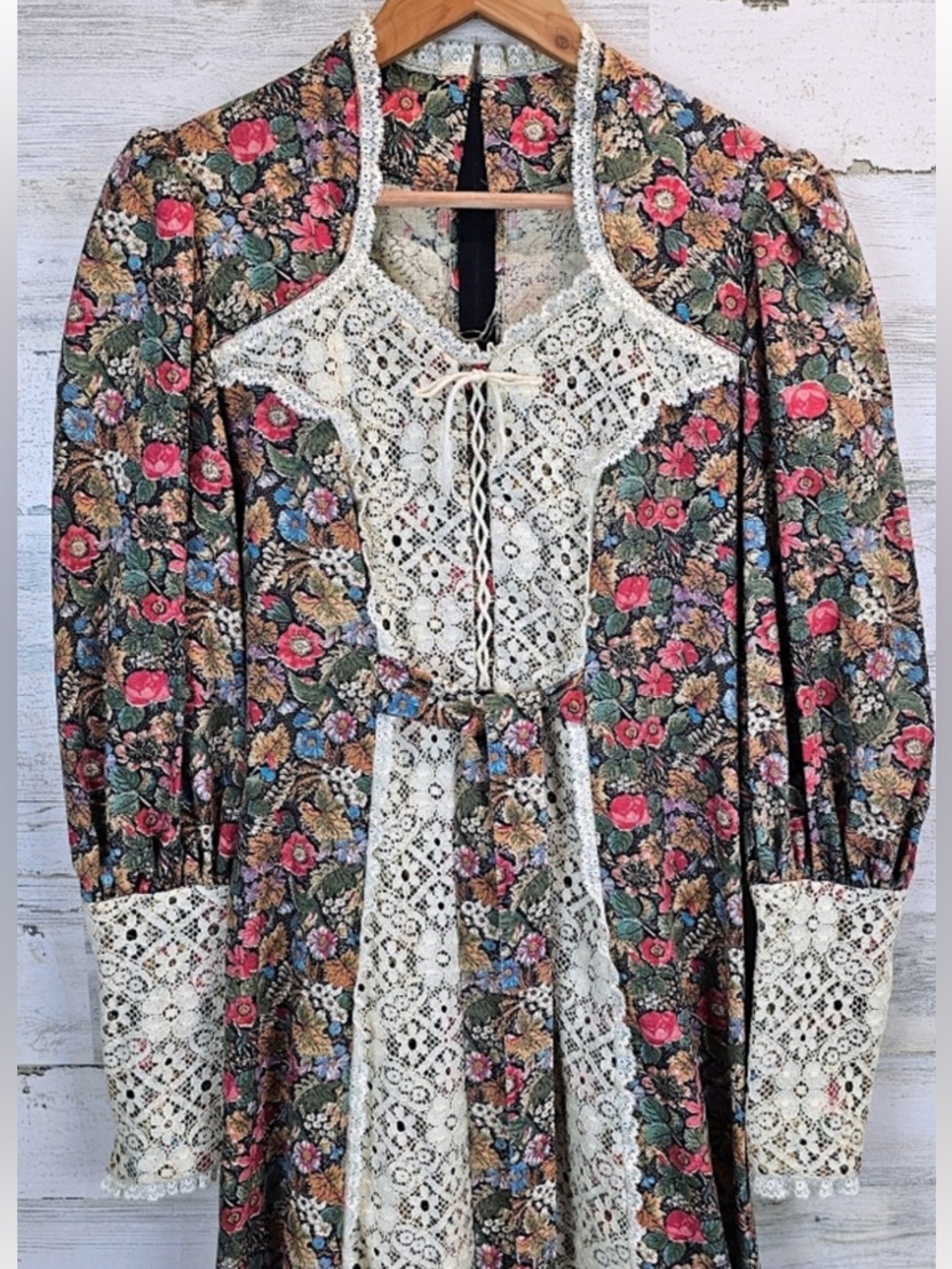 Vintage Handmade Prairie Maxi Dress Floral Lace Gunne Sax Wildberry Thicket